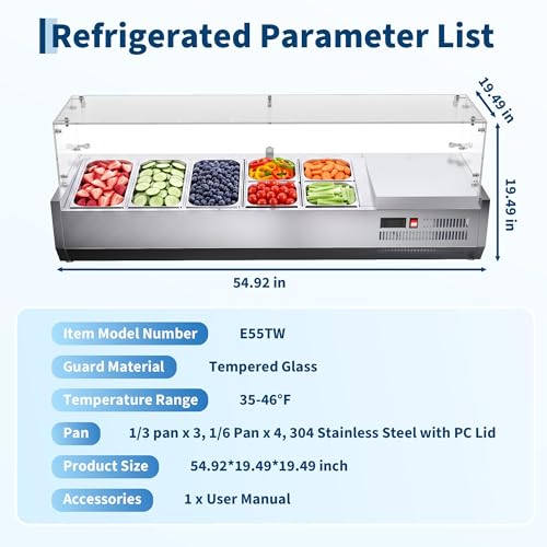 Refrigerated Condiment Prep Station, 130W Countertop Refrigerated Condiment Station, with One 1/3 & Four 1/6 Pans, 304 Stainless Body and PC Lid, Sandwich Prep Table with Glass Guard, ETL Certified - size: E40TW