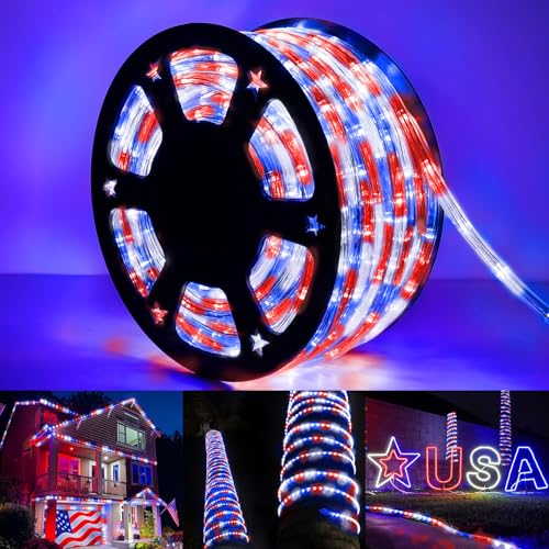 50ft LED Rope Lights Outdoor,360 LED Connectable & Flexible Tube Lights with 8 Modes, Waterproof LED Rope Lighting for Independence Flag Day, Memorial Day, Outdoor,Indoor Decor (Red & White & Blue) - color: Red & White & Blue, size: 50ft