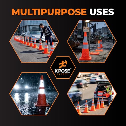 Xpose Safety Collapsible Orange Traffic Cones 28 Inch – Reflective Safety Cone for Parking, Roadside Emergency, Construction, Work Zones, Road Crews & Vehicle Safety
