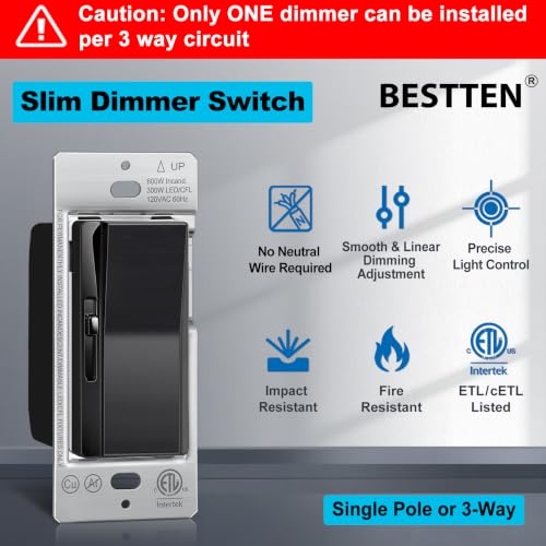 3PK BESTTEN Slide Dimmer Light Switch, Single Pole or 3 Way Dimmable Switch - color: Black