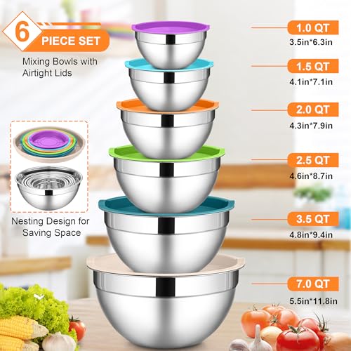 LIANYU 6 PCS Mixing Bowls with Lids Set, Metal Nesting Bowls for Kitchen - color: Colorful, style: Atlas Base with Airtight Lids