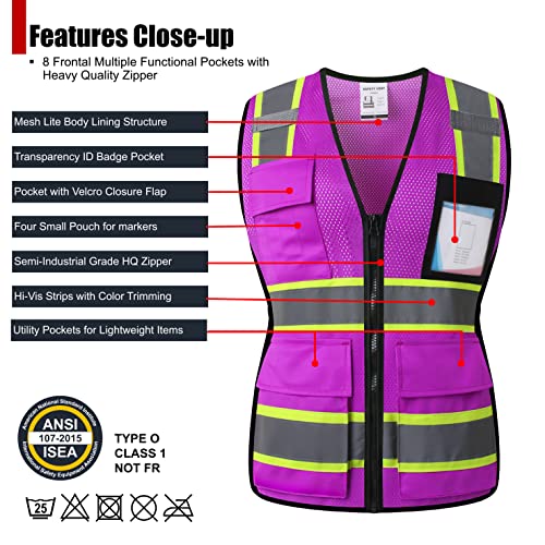 Safety Vest for Women High Visibility Vest with 8 Pockets and Front Zipper Mesh Reflective Vest Meets ANSI/ISEA Standards(Purple-17, Large) - color: Purple-17, size: Large