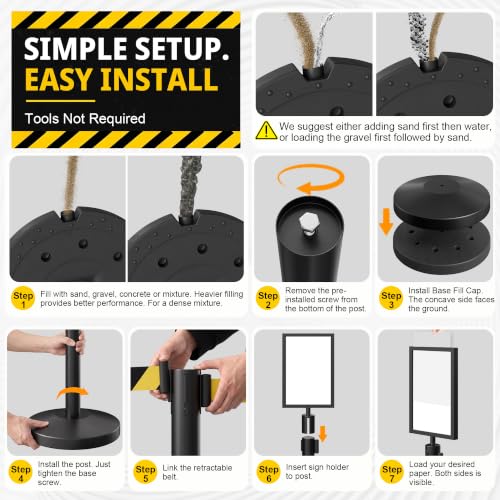 6-Pack Black Stainless Steel Crowd Control Stanchions, 9.8 ft Retractable Black and Yellow Stripe Safety Belts with 1 Sign Holder(Black and Yellow Stripe Belt) - color: Black stanchions w Black and Yellow Stripe Belt, size: 6 pcs