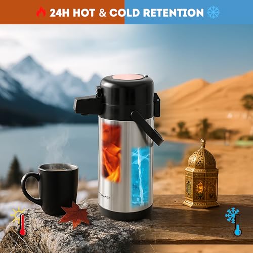TOMAKEIT Airpot Coffee Dispenser with Pump,102 OZ/ 3L Large Coffee Dispenser with Tea Filter for Party Hot Drinks Water Tea Chocolate Hot/Cold Water, Insulated Stainless Steel Thermal Carafes