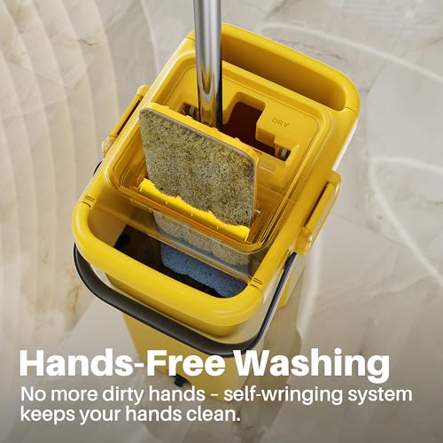 JOYMOOP Industrial Mop and Bucket Set, 17.7-inch Dust Mops for Floor Cleaning, Flat Mop Bucket with Wringer, Include 5 Reusable Microfiber Mop Pads - Yellow - size: 17.7" Mop-head - 60" Mop+5 Mop Pads