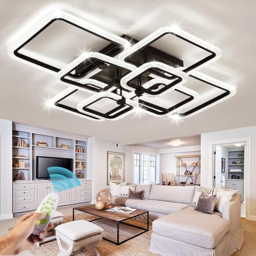 41.3in Modern Ceiling Light Fixture,Crystal Led Ceiling Lights for Living Room Light Fixture,White 8 Square Crystal Frame Dimmable with Remote Controller - color: Black, size: L41xW33in,8Light
