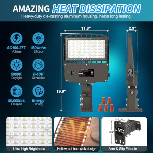AKK LED Parking Lot Light 200W 180W 150W Adjustable, 32000LM 160LM/W 5000K, Dimmable Shoebox Area Light with Photocell, IP65 ETL 100-277V Arm & Slip Fitter Mount for Driveways, Warehouses & Streets - size: 200W/180W/150W Switchable
