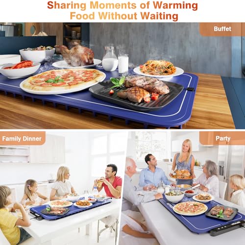 Warming Mat for Food, (XXL 35”x16”) Electric Warming Trays, Upgrade Graphene Fast Full-Surface Heating Mat for Food with 6 Level Temp, 6 Hours Timer, Food Warmer Pad with Heat-Insulating Mat - color: Blue