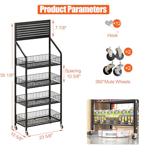 4 Tier Supermaket Snack Rack Display Stand, Free-Standing Black Retail Display Shelves with 12 Hooks & 4 Wheels, Large Metal Snack Shelf for Store Business - color: Black, size: 4-Tier – 55 1/8" H