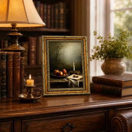 Framed Vintage Still Life Wall Art - Apple Walnut Canvas Print Candle Book Poster Gallery Art Country Farmhouse Pastoral Kitchen Dining Room Wall Decoration 8x10 Inches Ready To Hang Or Tabletop
