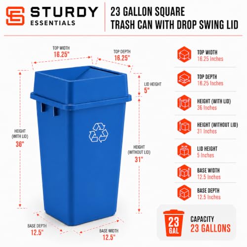 23 Gallon Blue Square Plastic Kitchen Recycling Bin with Drop Lid - color: Blue