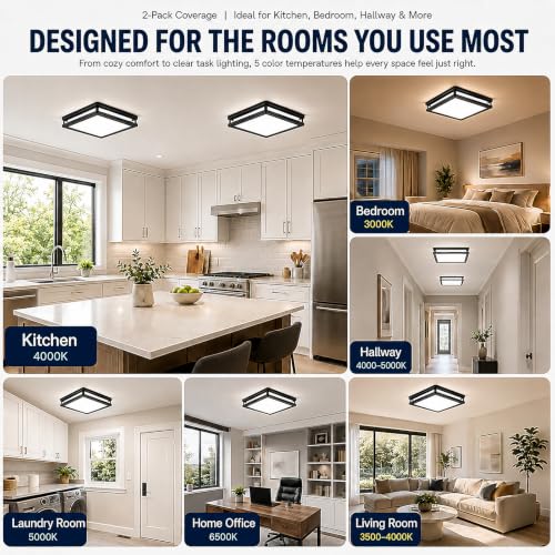 2-Pack 36W 3600LM Square Dimmable LED Ceiling Light, 12in Modern Flush Mount Ceiling Light Fixture, 2700K/3000K/4000K/5000K/6500K Adjustable Black Ceiling Lamp for Living Room Bedroom Bathroom Kitchen - color: Black, size: 2 Packs