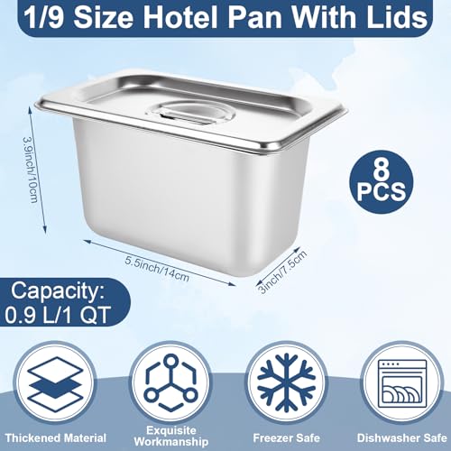 8 PCS Stainless Steel Hotel Pans with Lids 1/9 Size 4 Inch Deep Stainless Steel Steam Table Pan with Lids Metal Food Pans with Lid for Hotel, Restaurant, Buffet, Home - size: 1/9 Size 4 Inch