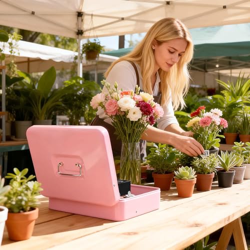 Cash Box with Key Lock & Foam Auto-Pop Coin Tray – Secure Steel Money Box with 4 Upgraded Finger-Safe Bill Clips, Premium Smooth Scratch-Resistant Coating, 11.8"L x 9.5"W x 3.5"H, KL Pink - color: KL Pink