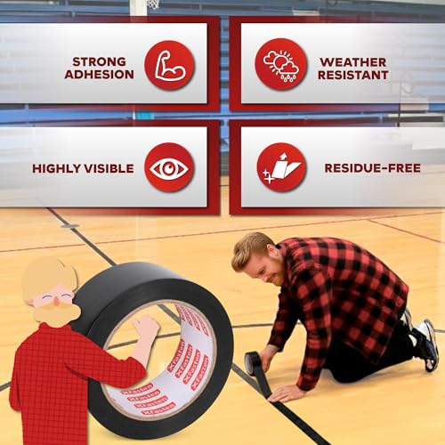 XFasten Vinyl Floor Tape Black, 2 Inch x 36 Yards, Gym Floor Tape for Court Marking, Dancefloor, Gymnasium, Classroom, Safety Marking, Indoor and Outdoor Surfaces - Strong Adhesion, Residue-Free - color: Black