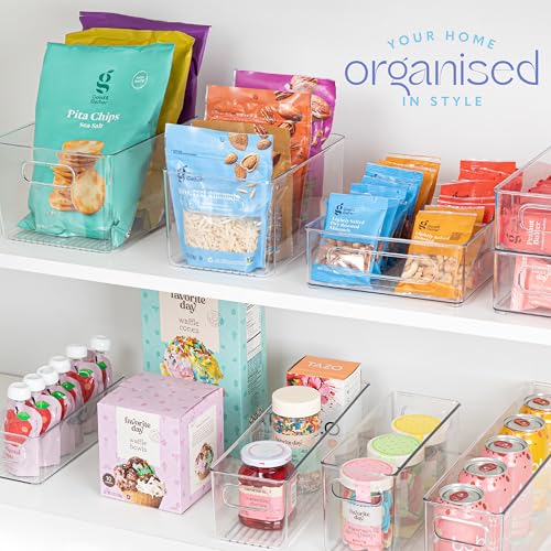 Plastic Food Storage 2 Pack Clear Container Bin with Handles for Organizing Kitchen, Pantry, Refrigerator, Freezer, Pantry, Cabinet, Closet, Bathroom. 14”X4”x4” - size: 14x4x4