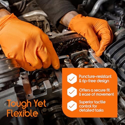 Inspire Heavy Duty Orange Nitrile Gloves | ULTRA 8 Mil Diamond Textured Grip | Industrial Mechanic Disposable Cleaning Gloves - size: XX-Large