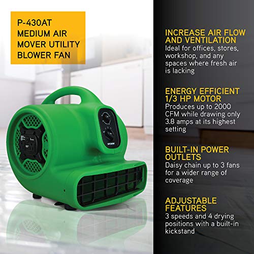 XPOWER P-430AT Pro 1/3 HP 2000 CFM Centrifugal Air Mover, Carpet Dryer, Floor Fan, Blower, Daisy Chain, for Water Damage Restoration, Janitorial, Plumbing, Home Use - color: Green, style: Pro P-430AT