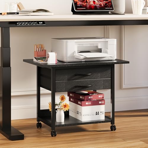 VENNQD Large Printer Stand with Storage Fabric Drawer Under Desk Printer Table with Wheels for Home Office, Printer Cart fit Fax Machine Scanner 23.4"x15.7" (Black, 2 Tiers) - color: Black, size: 2 Tiers