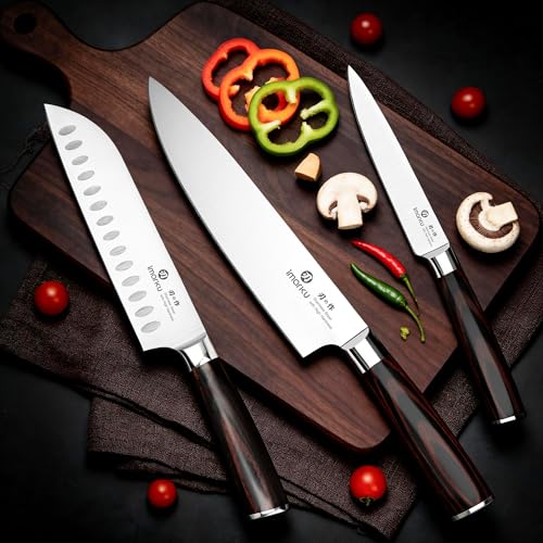 imarku 3 Pieces Knife Set, Japanese High Carbon Stainless Steel Chef Knives - color: Red Brown