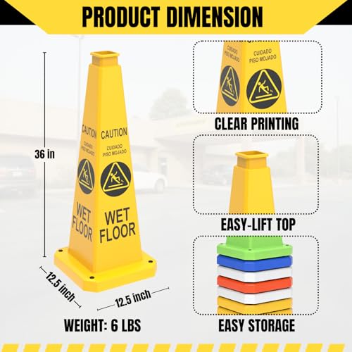 “CAUTION WET” Floor Warning Sign Cones 36 inch with Heavy Rubber Weighted Base, 4-Sided Non-Slip Warning Safety Cone for Restaurants, Stores, Schools, Hotels(6 Pack) - color: CAUTION WET/YELLOW, size: 36 inch