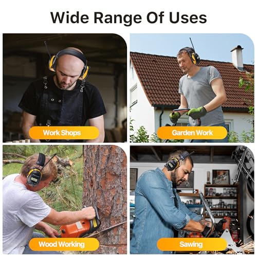AM/FM Radio Headphones 25dB NRR,Noise Reduction Safety Earmuffs,Digital Display Headset,Powered by AA Battery,Hearing Protection for Walkman Mowing Lawn Work,Yellow - color: Yellow
