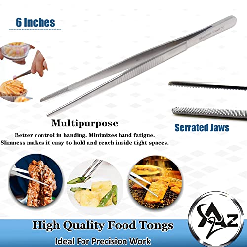 6 Inch Professional Culinary Stainless Steel Precision Tongs with Serrated Tips, Plating/Food Presentation Detailing Serving Tongs, Chef's Kitchen Tweezer Tongs - Ultra Non-Slip Grip - size: 6" Straight