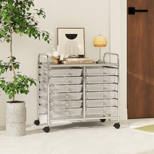 RELAX4LIFE 12-Drawer Rolling Storage Cart - Mobile Utility Cart on Wheels for School Classroom Teacher Office Salon, Paper File Art Supply Craft Organizer, Rolling Cart with Drawers (Clear) - color: Clear, size: 24.5''
