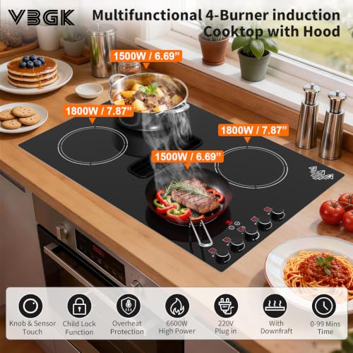 VBGK 30 Inch induction cooktop with Downdraft, Recirculating Air Vent,6600W 4 Burner Built-in Electric Stove with Downdraft Range Hood, Knob control,Timer, Safety Lock, 220V - 240V Hard Wired - size: 30 Inch