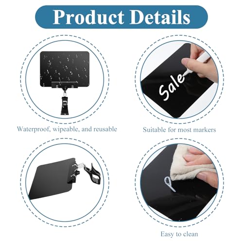 24 Pack Plastic Mini Chalkboard Sign with Clip, Rotating Price Signs Black Erasable Merchandise Sign Clip Holder for Business, Store, Retail, Shelf, Clothing Rack, Food