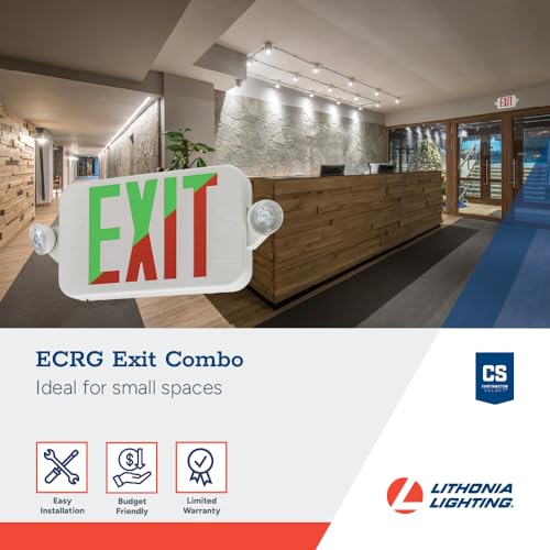 Lithonia Lighting Basics LED Exit Sign/Emergency Light Combo, Red/Green Switchable Exit Sign and Emergency Lights for Business, 2-Head Fixture, Round Lights, Remote Capacity, White (ECRG HO RD M6) - color: Switchable, size: 16.46" | Sign & Round Light Com