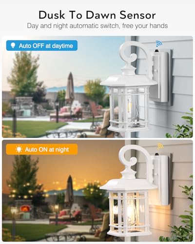 VIANIS White Exterior Lighting Fixtures, 2 Pack Porch Lights Outdoor, Outdoor Wall Lights Dusk to Dawn, Anti-Rust Outdoor Lighting for House, Porch, Garden, Doorway, Seed Tempered Glass - color: White, size: 12.4 in Dusk to Dawn 2 Pack