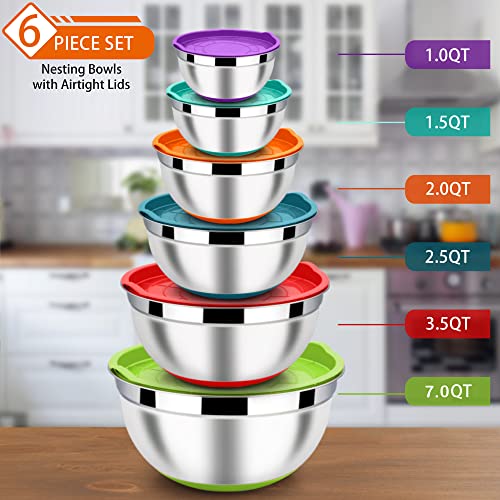 LIANYU Nesting Mixing Bowls Set of 6, Large Size 7, 3.5, 2.5, 2, 1.5, 1QT - color: Colorful, style: Anchor Base with Airtight Lids
