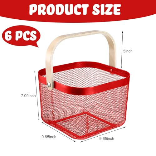 Roshtia 6 Pcs Metal Mesh Basket with Handle, Garden Basket for Christmas - color: Red, size: 9.65 x 9.65 x 7.09 Inch