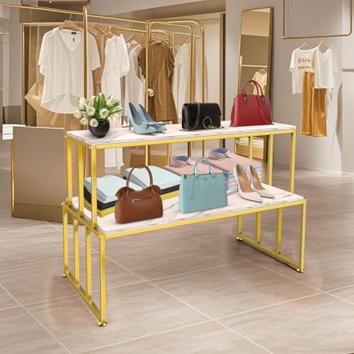 2 Tier Retail Display Table for Shoes & Handbags, Gold Metal and Wood Boutique Display Stand, Heavy Duty Display Riser Shelf for Clothing Stores, Vendor Events, Showroom & Home, 45.2"