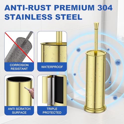 Toilet Brush and Holder Set:304 Stainless Steel Heavy Duty Toilet Bowl Brush,Removable Inner Bowl and Splash Protection,Bathroom Toilet Brush-Dense Bristles for Through Cleaning - color: Bright Gold