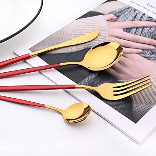 Mirror Cutlery Serving Set, 24-piece 18/0 Stainless Steel Silverware With Red Handle Simple & Modern Tableware For Home Party Restaurant Christmas Dinner, Service For 6 (Red Gold) - color: Red gold