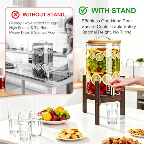 OERGKE Adjustable Bamboo Drink Dispenser Stand, Water Dispenser Holder for 2-5 Gallon (8-12 Inch), Beverage Stand for Countertop & Parties, Walnut