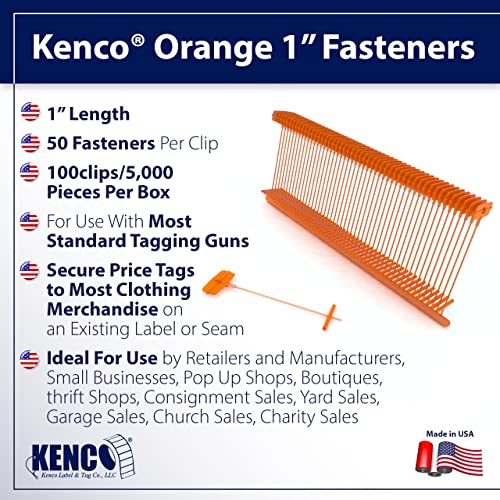Kenco 1 Inch Standard Tagging Attachments, 1-in Fasteners for Tagging Retail, Consignment and Manufacturing - 5,000 Pieces Per Box 50 per Clip (1 Box 5,000 Fasteners, Orange) - color: Orange, size: 1 Box 5,000 Fasteners