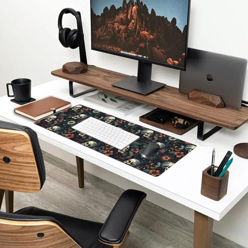 Desk Mat,Skulls with Flowers Large Gaming Mouse Pad XL,Skull Floral Desk Pad,Extended Big Computer Keyboard Mousepad with Non-Slip Base and Stitched Edges 31.5"x11.8" - color: Skulls With Flowers, size: 11.8" x 31.5"
