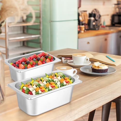 4 Pack Hotel Pans, 1/4 Size 4" Deep Stainless Steel Steam Table Serving Pan, Buffet Dinner Catering Food Pans, Warmer Breading Tray Batter Pan for Restaurant Salad Bar Party Supplies