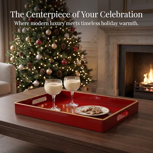 Large Red Rectangular Decorative Tray – Plastic Serving Tray with Handles for Coffee Table, Ottoman, Living Room, 15.7” x 11.8” x 1.6 - color: Large Red Rectangular 1, size: 15.7" x 11.8" x 1.6" Rectangular