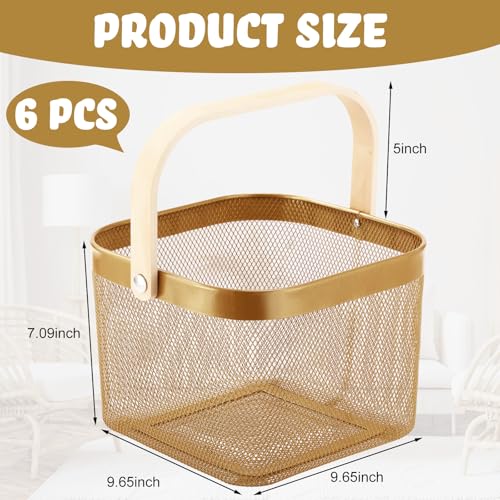 Roshtia 6 Pcs Metal Mesh Basket with Handle, Fall Halloween Garden Basket - color: Gold, size: 9.65 x 9.65 x 7.09 Inch