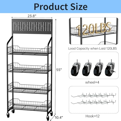 5 Tier Retail Display Rack, Snack Organizer Stand With Wheels & Hooks, Candy Potato Chip Metal Wire Display Shelf Cart for Supermarket and Home Kitchen, Black (55 * 23.8 * 10.4)