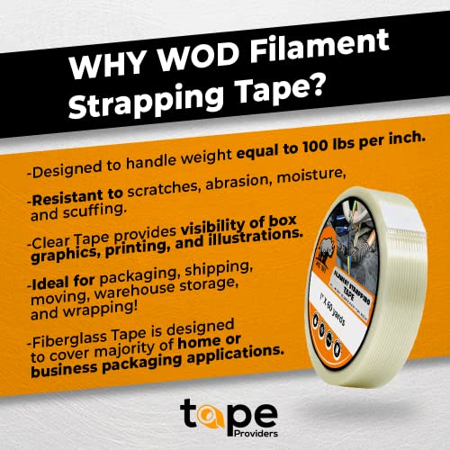 WOD UFST39 Fiberglass Reinforced Filament Strapping Tape, 1/2 inch x 60 yds. 4 Mil (Pack of 72) Filaments Run Lengthwise - size: 1/2 Inch - Pack of 72