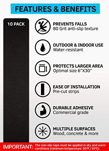 6”x30” Stair Treads Non-Slip Outdoor Tape – (10-Pack) Black Anti-Slip Strips - size: 6"x30"