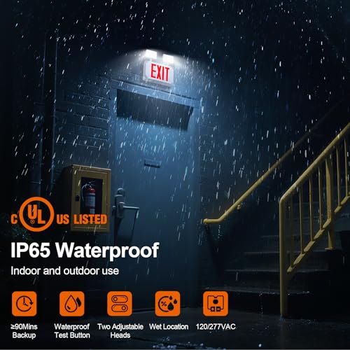 Wet Location Exit Sign with Emergency Lights,Exterior Red LED Exit Light Combo,Double Side exit sign with Battery Backup,Outdoor Waterproof Exit Light,Adjustable Heads,120/277VAC,UL Listed (1 Pack) - color: 1 Pack