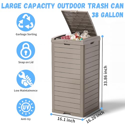 38 Gallon Outdoor Trash Can with Lid, Waterproof Resin Outdoor Trash Can Bottom with Pull-Out Liquid Drawer, Dual Lid Closure Garbage Can for Kitchen, Hideaway, Deck, Patio(Deep Grey) - color: Deep Grey, size: 16.1*16.3*33.9