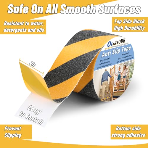 Oleitodh 2 in x 60 ft Anti-Slip Tape for Stairs, Black/Yellow, 80 Grit - color: Black Yellow, size: 2 in x 60 ft