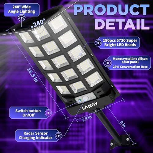 LANGY Solar Street Lights Outdoor Waterproof 4pcs, 6500K 60000LM Wide Angle Solar Powered Flood Lights with Motion Sensor & Remote Control, Dusk to Dawn Commercial Solar Outdoor Lights for Parking - size: 4PACK 60000LM